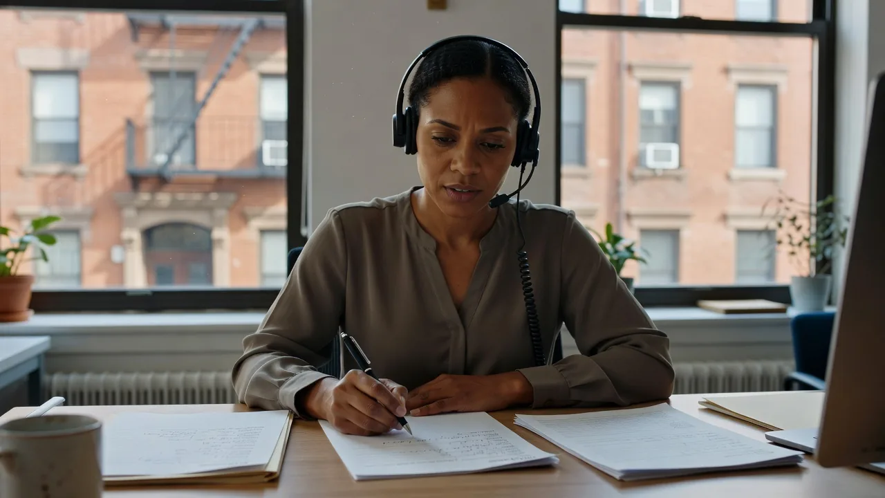 A coordinator on a headset writing on a paper intake form at a desk in a bright office