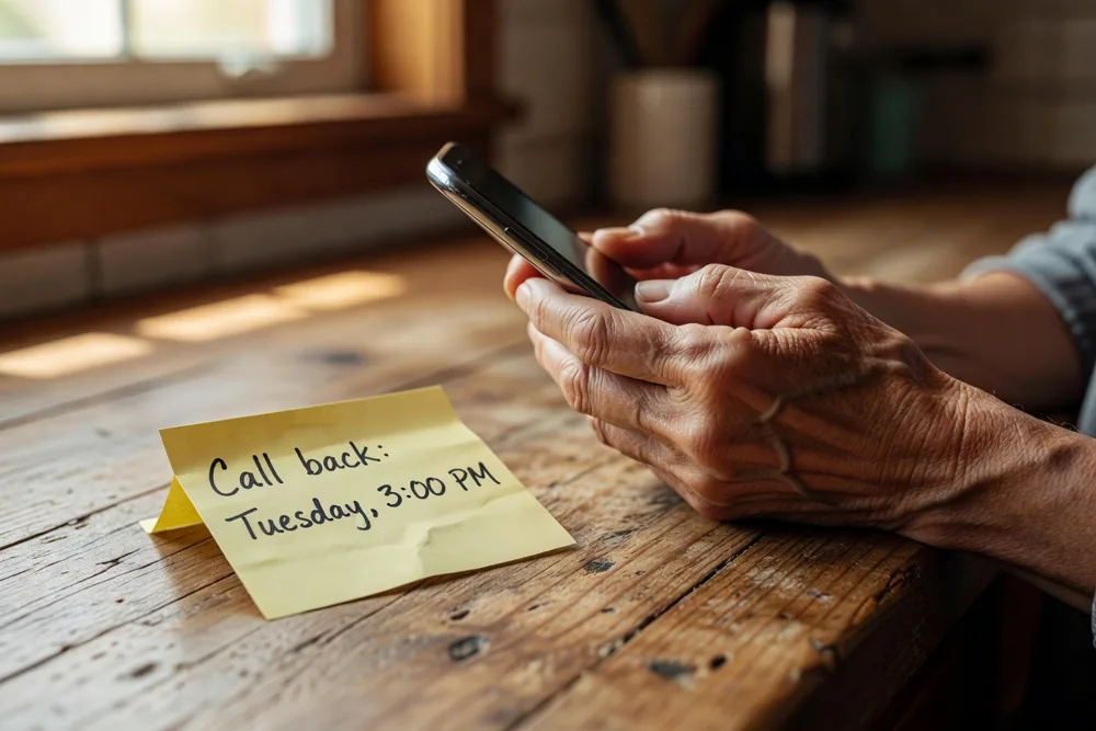 Hands holding a phone beside a handwritten note with a callback day and time