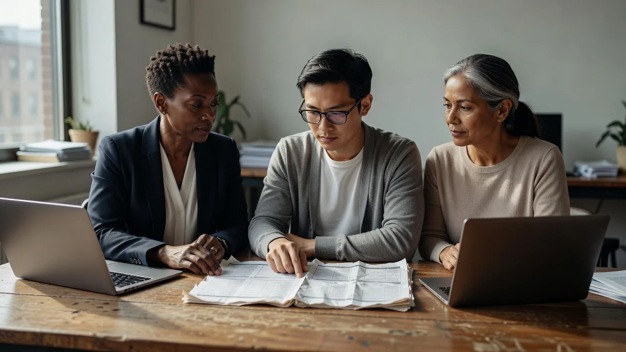 Three colleagues reviewing a printed weekly report together at a table